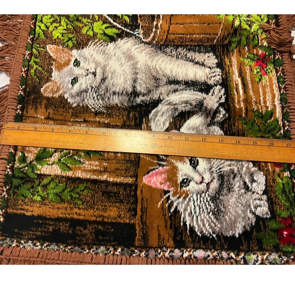 Vintage Cat Tapestry Fringed Pillow Cover Wall Hanging 60s‎